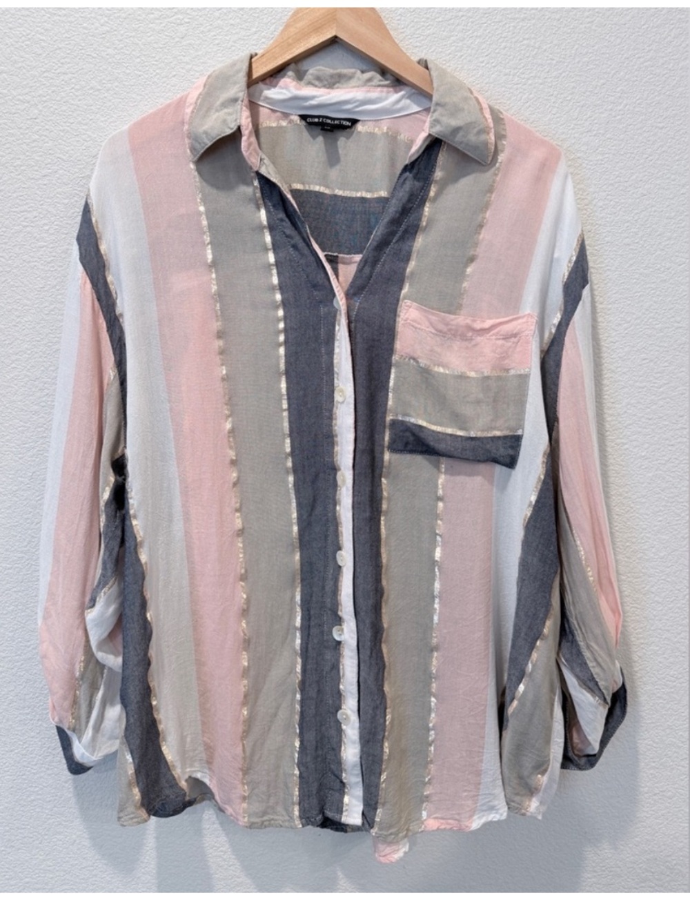 Club Z Collection 1X Metallic Stripe Button Down | Coastal Grandmother office
